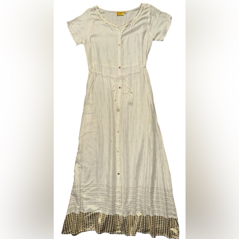 Ateesa Ivory Gold Print Button Maxi Dress Tie Coastal Cowgirl XL Made in India